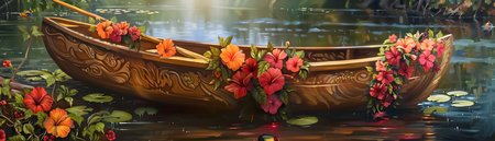This mesmerizing image depicts an intricately carved wooden boat floating placidly on a tranquil lake The boat s surface is adorned with vibrant hibiscus flowers their delicate petals cascading overの素材