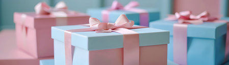 The image depicts a group of beautifully wrapped gift boxes in soft pastel colors arranged on a surface The boxes are adorned with delicate bows and ribbons creating an elegant and inviting displayの素材