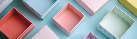 A series of pastel colored gift boxes are arranged in a geometric pattern against a plain backdrop creating an abstract and minimalist composition The cubes and rectangles in various soft hues ofの素材