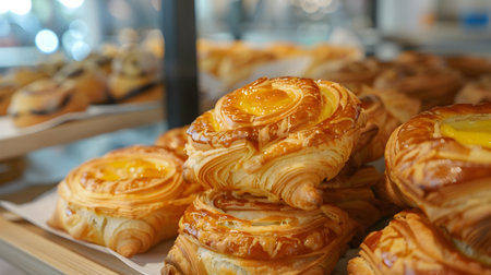 The contrast between the crisp buttery exterior of the pastry and the soft fluffy interior was a delight to the senses each bite a reminder of the simple joys in life The artfully crafted pastriesの素材