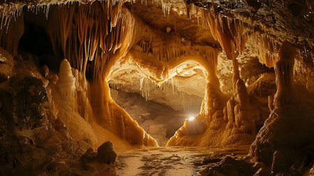 A breathtaking natural formation in a dimly lit cave resembles a giant dripping heart of stone Towering stalactites and intricate rock structures create a mesmerizing otherworldly scene bathed in aの素材