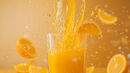 This image captures the dynamic and vibrant motion of pouring fresh orange juice into a glass The swirling liquid creates a mesmerizing visual effect showcasing the juice s transparency and brightの素材