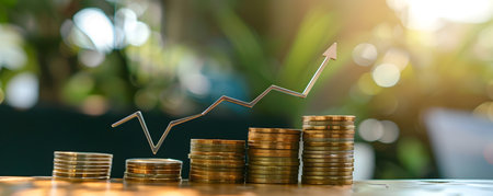 A stack of golden coins arranged in an upward trending graph symbolizing the growth potential and financial success of investments The rising trend is represented by the coins arrangementの素材