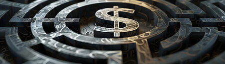 This digital depicts a complex maze with a prominent dollar sign at the center symbolizing the intricate journey and challenges associated with financial planning and wealth management The mazeの素材
