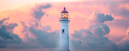 A picturesque lighthouse stands tall and majestic against a breathtaking backdrop of soft pastel colored clouds in the evening sky The lighthouse s beacon emits a warm radiant glow illuminating theの素材