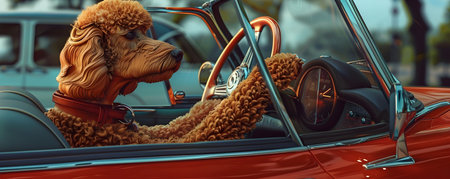 An intelligent and sophisticated Poodle dog expertly driving and controlling the intricate mechanisms of a beautifully restored 1950s classic sports car The vintage automotive design influenced byの素材