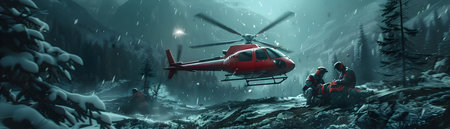The image depicts a harrowing emergency air ambulance rescue in a remote snow covered wilderness setting A red helicopter hovers overhead its rotor blades churning through the stormy atmosphericの素材