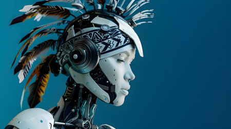 A high tech robot with a boho inspired feathered headpiece and patterned bandana is depicted against a deep blue background creating a surreal and imaginative digital The juxtaposition of theの素材