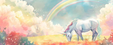 This stunning watercolor depicts a majestic unicorn grazing peacefully in a lush vibrant meadow under a shimmering rainbow and pastel hued clouds The scene exudes a sense of magic wonder and whimsyの素材