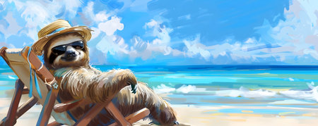 A digital painting depicts a sloth lounging comfortably in a beach chair wearing sunglasses and a hat as it gazes out at the tranquil ocean and beautiful tropical scenery The sloth appears relaxedの素材