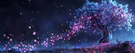 This stunning digital depicts a whimsical glowing tree with vibrant enchanted blossoms falling gently to the ground against a dark moody background The neon like flowers and ethereal dreamlikeの素材