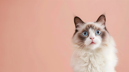 This stunning close up portrait showcases the serene and captivating expression of a Ragdoll cat The feline s fluffy soft fur and piercing blue eyes are the focal point set against a tranquil peachの素材