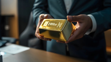 The image depicts a suited business executive holding a gold bar likely during a corporate meeting or presentation The executive is showcasing the gold bar possibly to highlight investmentの素材