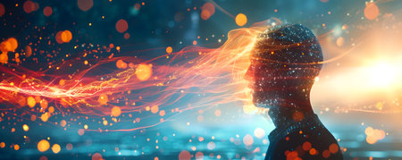 This digital depicts a captivating futuristic scene of a telepathic connection between a scientist and a complex artificial intelligence Vibrant swirling streams of light and energy flow dynamicallyの素材