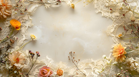 A beautiful ethereal frame of delicate lace surrounds a delicate arrangement of pressed flowers and foliage in autumnal hues The flowers and leaves are artfully arranged creating a vintage romanticの素材