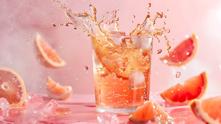A vibrant and refreshing image showcasing a glass filled with grapefruit soda complete with ice cubes and a splash of liquid adding a dynamic element The soda is set against a pastel pink backgroundの素材