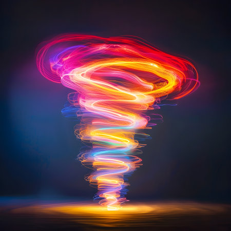 This captivating image showcases a mesmerizing neon light speed tornado swirling against a dark starless night sky The tornado is a vibrant luminous vortex pulsing with a spectrum of brilliant colorsの素材