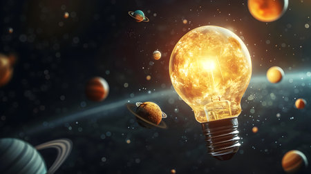 An imaginative conceptual depicting a light bulb as the radiant sun at the center of a solar system with various planets and celestial bodies orbiting around it This symbolic representation exploresの素材