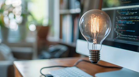 This visually striking image depicts a light bulb connected to a computer symbolizing how ideas and innovations can emerge from the processing of experiences and information The minimalist modernの素材