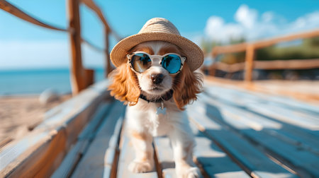 A delightful and fashionable puppy wearing a straw hat and sunglasses is casually strolling along a wooden boardwalk with the ocean and beach in the background The image captures a sense of carefreeの素材