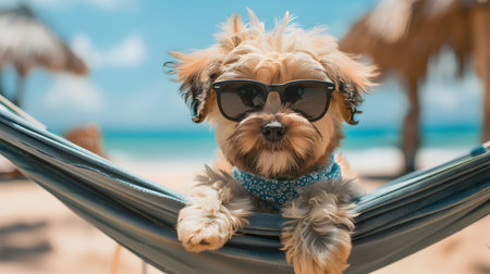 A fluffy friendly puppy reclines happily in a beachside hammock wearing a bandana and stylish sunglasses The pup appears relaxed and carefree basking in the sunny tropical environment with palm treesの素材