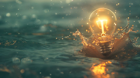 This captivating image depicts a glowing light bulb floating within a sea of shimmering water symbolizing how novel ideas and innovations often arise from the depths of our personal experiences andの素材