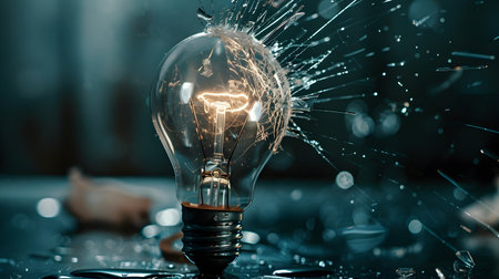 A close up image of a broken light bulb being repaired representing how learning from past experiences and overcoming challenges can lead to new ideas and innovations The shattered glass of the bulbの素材