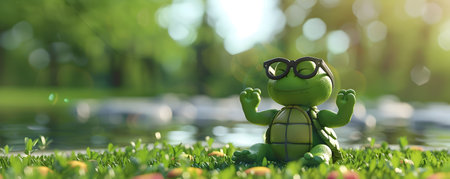 A charming 3D depicting an adorable turtle wearing glasses as it gracefully performs various yoga poses in a serene park setting The turtle is surrounded by lush greenery peaceful foliage and aの素材