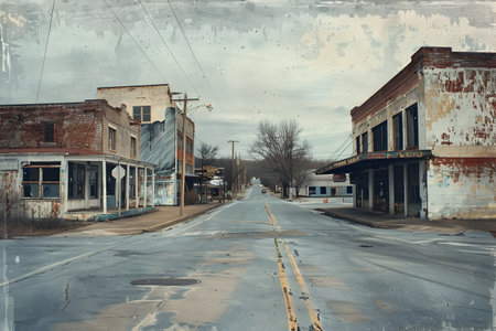 This image depicts a desolate economically depressed small town main street with a looming shuttered factory dominating the scene The once vibrant shops and businesses are now boarded up reflectingの素材