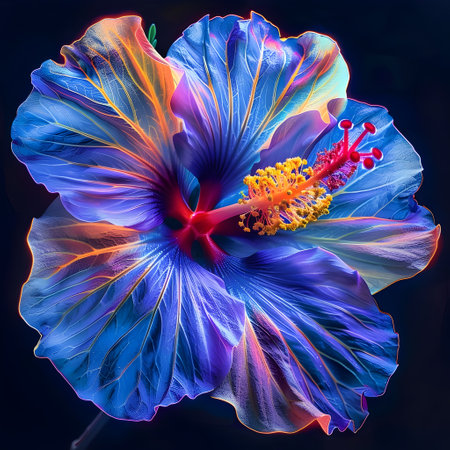 This captivating image showcases the extraordinary beauty of a hibiscus flower its petals illuminated by a stunning array of neon like colors The botanical realism is enhanced with a modernの素材