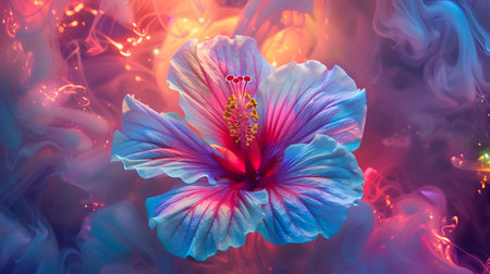 A captivating hibiscus blossom takes center stage its rich saturated hues complemented by a pulsating neon infused backdrop that creates a surreal dreamlike atmosphere The image has a distinctの素材