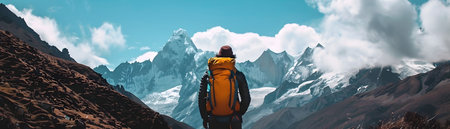 This captivating image captures the essence of an epic budget travel adventure A lone backpacker their gear on their back traverses a majestic mountain landscape surrounded by towering peaks andの素材