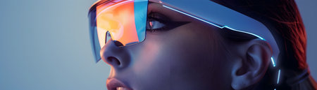 This image depicts an innovative wearable device that is seamlessly integrated into a fashionable and stylish accessory The device which could be a pair of high tech glasses a headset or a helmetの素材