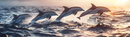 A breathtaking scene of a pod of sleek powerful dolphins leaping effortlessly out of the crystal clear ocean waters their wet bodies glistening in the warm golden light of a vibrant tropical sunsetの素材