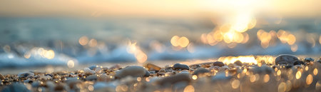 This breathtaking image captures a tranquil beach scene at sunset with the sun low on the horizon casting a warm golden glow across the serene landscape The soft blurred bokeh effect creates aの素材