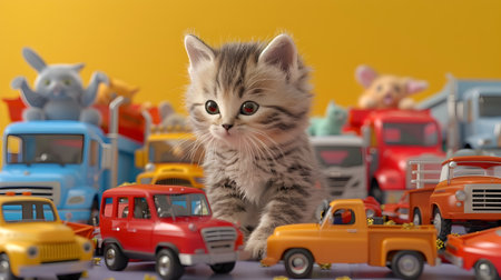 A delightfully whimsical scene showcasing a fluffy curious kitten nestled amidst a collection of vintage toy cars and trucks The small feline appears enchanted by the miniaturized vehicles creating aの素材