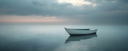 This image captures a lone boat drifting aimlessly on a tranquil sea under a dusky atmospheric sky The serene still water and muted colors create a melancholy pensive mood evoking a sense ofの素材