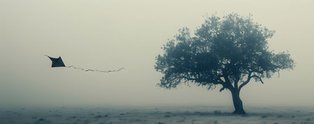 This atmospheric image depicts a solitary kite caught in the bare branches of a lone tree its tail fluttering in the wind The scene evokes a sense of melancholy and unfulfilled dreams symbolizing theの素材