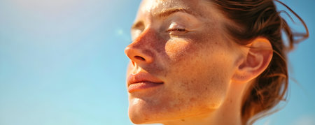 The image depicts a close up of a person s face showcasing severe sunburn and reddened skin The intense sunlight and UV exposure have caused substantial skin damage illustrated by the visibleの素材