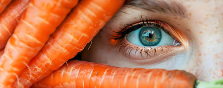 This striking image blends the vibrant hues of freshly harvested carrots with the mesmerizing detail of a human eye The contrast between the warm orange tones of the vegetable and the cool blue greenの素材