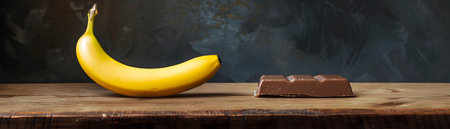 The image depicts a dramatic visual metaphor with a ripe yellow banana confronting a decadent chocolate candy bar on a rustic wooden surface This symbolic standoff represents the ongoing struggleの素材