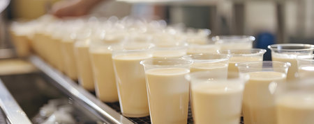 The image depicts a school cafeteria setting where soy milk is being served as a dairy free alternative for students with lactose intolerance The trays are lined up showcasing the clear glass cupsの素材