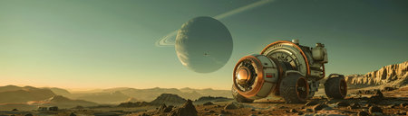 The image depicts a futuristic robotic workshop located on the surface of an alien planet A large domed structure houses various machinery tools and control panels operated by an advanced robot Theの素材