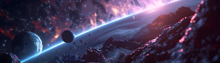 Breathtaking Futuristic Asteroid Festival with Holographic Light Shows and Alien Music Performances in a Vibrant Cosmic Landscapeの素材