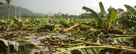 Decimated Banana Plantation After Tropical Storm Devastation   Trees Uprooted Fruit Scattered Across Ravaged Landscapeの素材