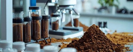 Closeup view of various soil testing equipment and instruments in a modern laboratory setting for scientific research agriculture analysis and environmentalの素材