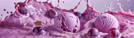 Epic splash of a ball of grape ice cream amidst a cascading torrent of rich purple grape juice captured in high speed photography for a dynamic frozen in time effectの素材
