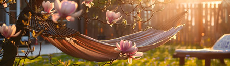 Tranquil backyard scene with a hammock gently swaying in the breeze surrounded by blooming magnolia trees and soft dappled shadows on a spring day  A peaceful serene and inviting outdoor oasisの素材