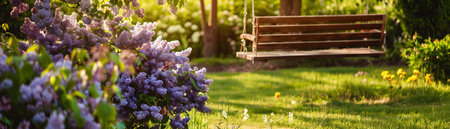 Peaceful and tranquil backyard scene with vibrant blossoming lilac bushes a wooden swing and a bright sunny spring day setting the stage for a serene and relaxing outdoor environmentの素材