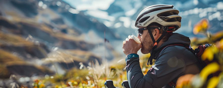 Cyclist taking a break from their ride pausing to sip coffee and take in the awe inspiring mountain landscape and trail behind them  A moment of serenity and rejuvenation amidst an outdoor adventureの素材